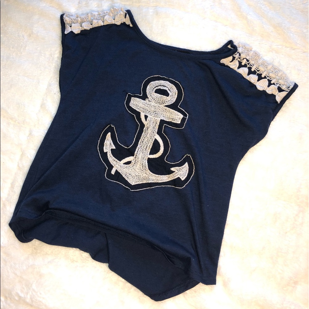 Girls Navy Anchor Nice Looking Tee Shirt